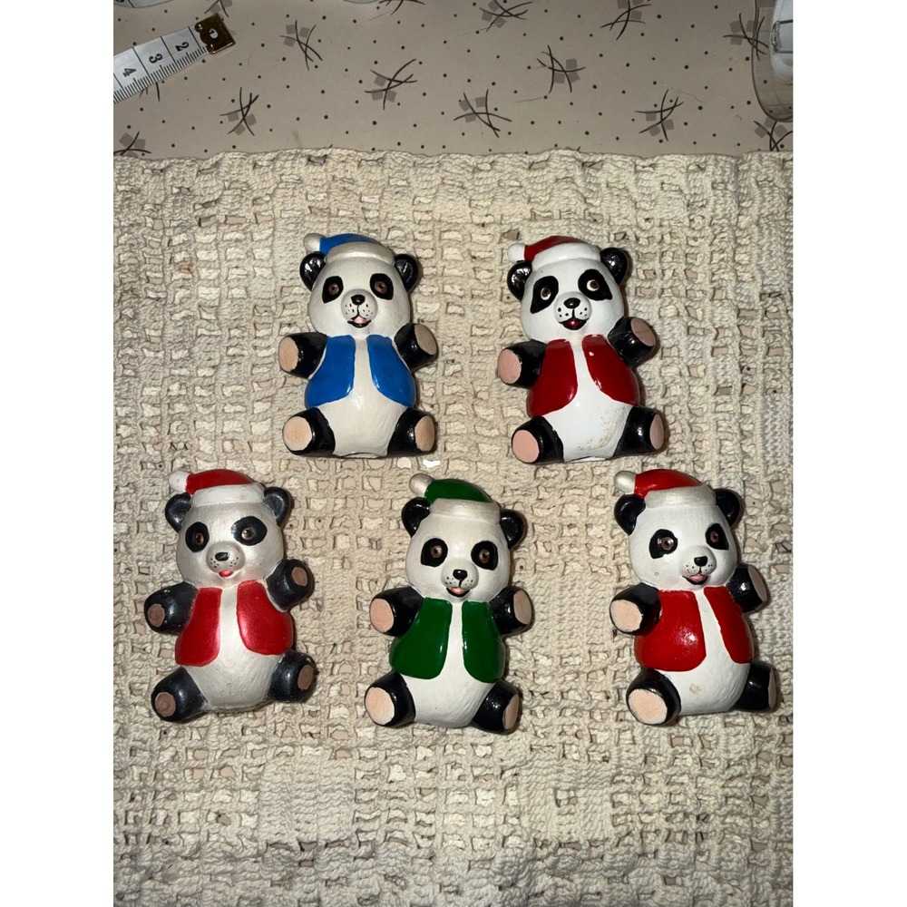Vintage Panda Bear Christmas Figurines Set of 5 Ceramic Santa Hat Holiday Decor